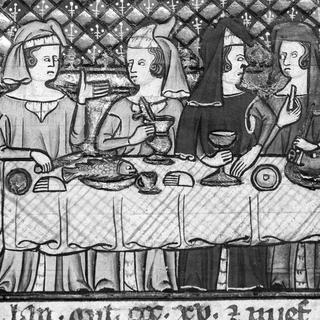 Scène de banquet. Miniature, XIVème siècle. [Collection Roger-Viollet / Roger-Viollet]