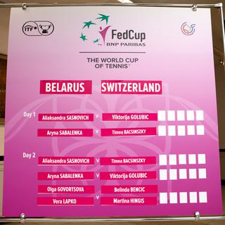 Le tableau des match de la Fed Cup à Minsk, qui se tient les 22 et 23 avril 2017.
Salvatore Di Nolfi
Keystone [Keystone - Salvatore Di Nolfi]