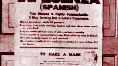 Affiche de prévention décrivant notamment le côté très contagieux et les dangers du virus. Elle explique également la manière de se confectionner un masque.