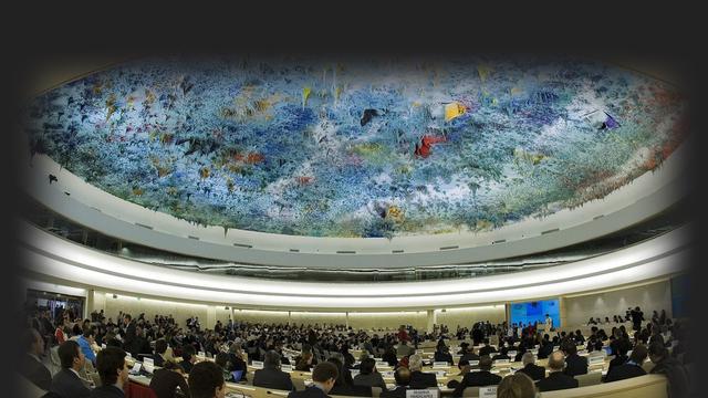 Une vue générale de la Salle des droits de l'homme et de l'alliance des civilisations de l'ONU à Genève. [Keystone - Salvatore Di Nolfi]