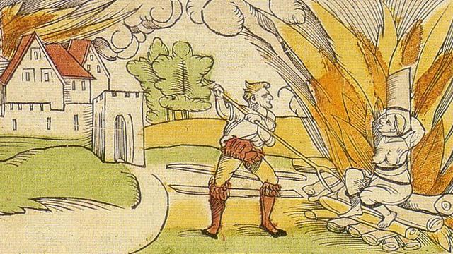 Une illustration de 1533 relatant l’exécution d’une sorcière accusée d’avoir brûlé la ville de Schiltach en 1531. [„Briefmaler“: Stefan Hamer; Holzschnitt: Erhard Schön]