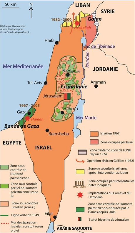 Carte des territoires de la guerre du Kippour à nos jours [lesclesdumoyenorient.com]