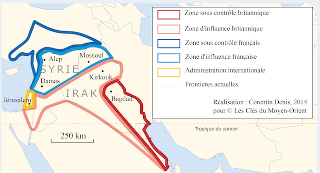 Les zones d'influence au Moyen-Orient après la première guerre mondiale [lesclesdumoyenorient.com]