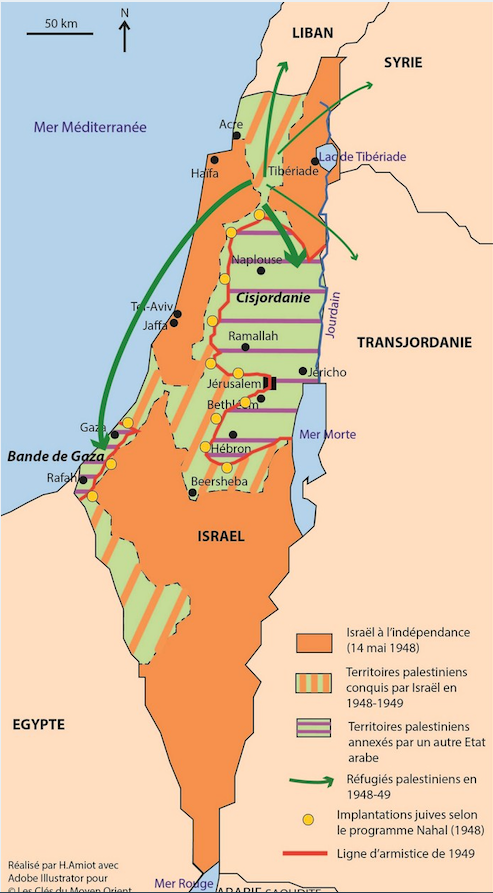 Carte des territoires après la première guerre israélo-arabe de 1948-49 [lesclesdumoyenorient.com]