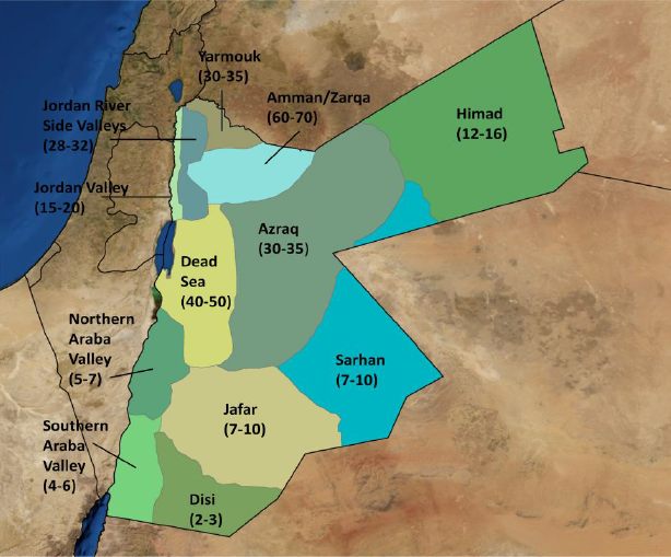 Les principaux bassins aquifères en Jordanie [caee.utexas.edu - Etude d'Amelia Altz-Stamm]