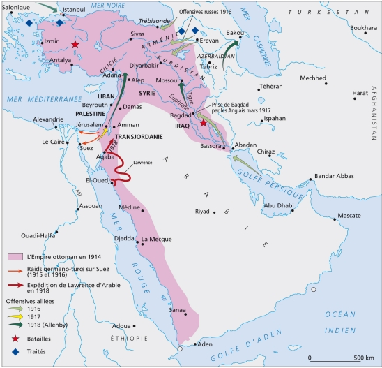 Carte des attaques contre l'empire Ottoman de 1914 à 1918 [Larousse.fr]