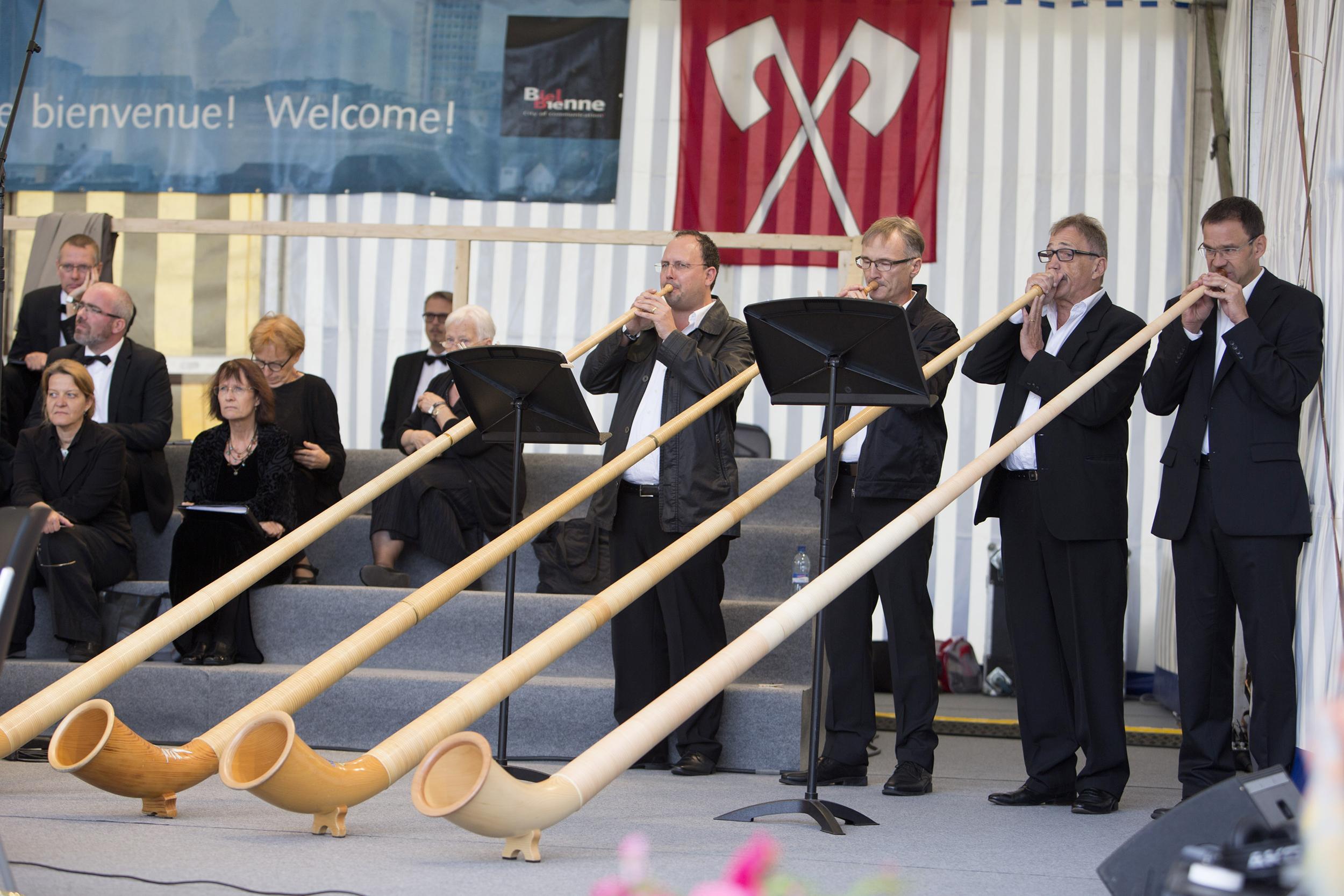 Le Kiosque à Musiques à la Schubertiade à Bienne - 5 septembre 2015 - Quatuor de cors des Alpes "Surental". [RTS - CHRISTIN Philippe]