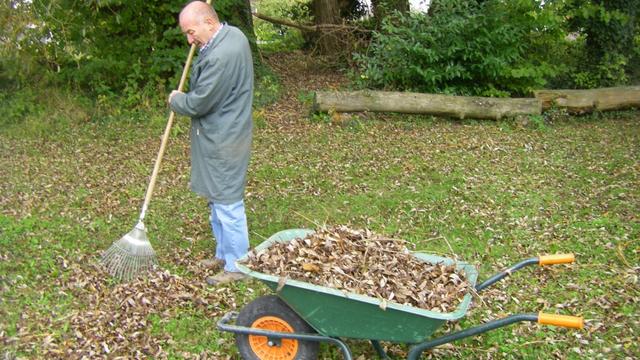 Ramassage de feuilles mortes par Jean-Pierre Masclet. [RTS - Isabelle Gendre]