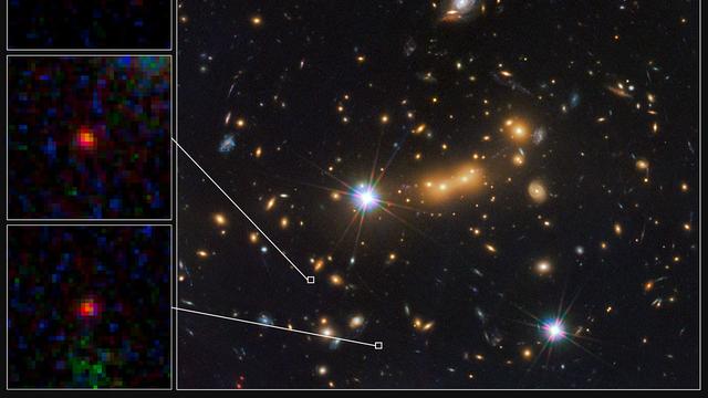 La plus lointaine galaxie identifiée par le téléscope Hubble. [nasa / esa / M. Postman and D. Coe / CLASH team]