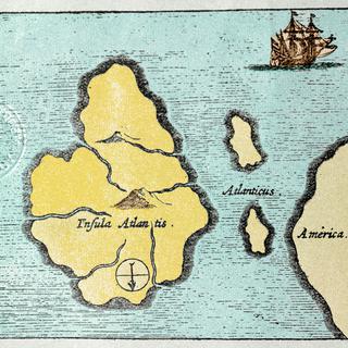 Carte localisant l'ile légendaire de l'Atlantide (17e siècle). [Costa/Leemage]