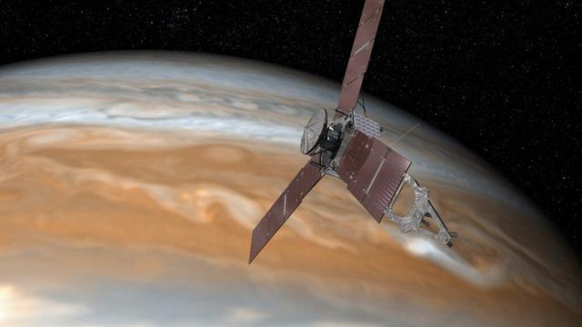 Vue d'artiste de la sonde Juno autour de Jupiter. [Keystone - EPA / NASA]