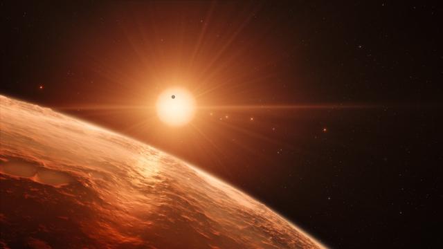 Représentation d'artiste du système planétaire TRAPPIST-1.
ESO/M. Kornmesser
spaceengine.org [spaceengine.org - ESO/M. Kornmesser]