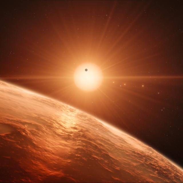 Représentation d'artiste du système planétaire TRAPPIST-1.
ESO/M. Kornmesser
spaceengine.org [spaceengine.org - ESO/M. Kornmesser]