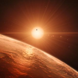 Représentation d'artiste du système planétaire TRAPPIST-1.
ESO/M. Kornmesser
spaceengine.org [spaceengine.org - ESO/M. Kornmesser]