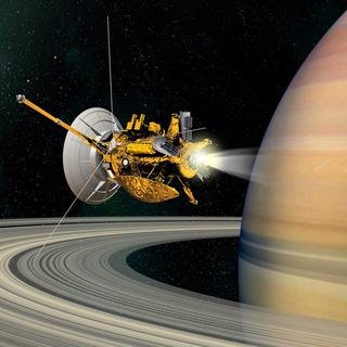 Illustration de la sonde Cassini-Huygens survolant les anneaux de Saturne.
Ducros David, 2004
CNES [CNES - Ducros David, 2004]
