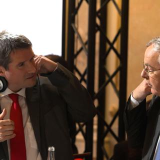 Christian Levrat et Jean-François Rime à la RTS en 2015. [RTS - Laurent Bleuze]