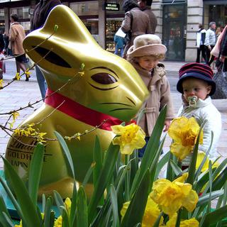 Un lapin Lindt géant pour décorer les rues basses de Genève. [Martial Trezzini]