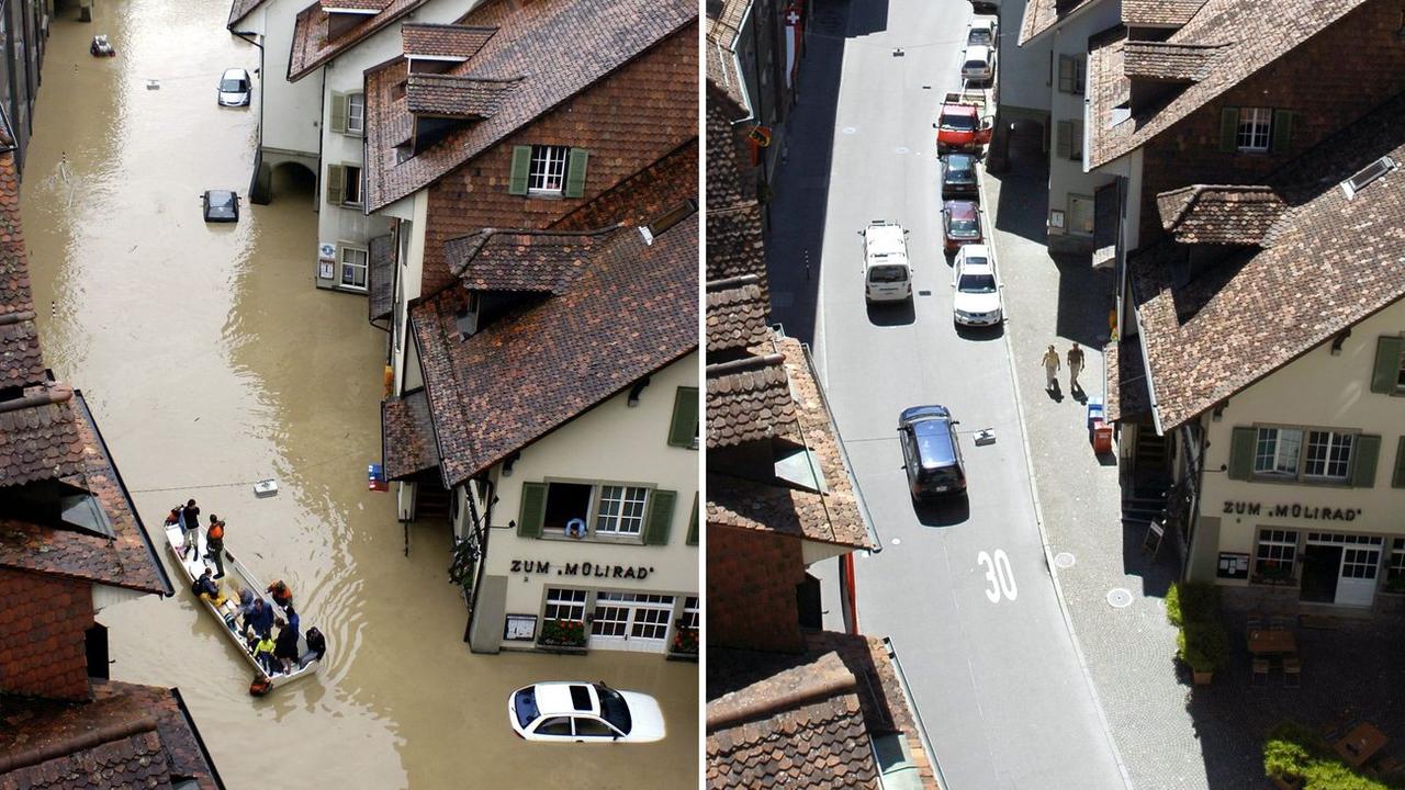 Quartier de la ville de Berne pendant l'indondation de 2005 (à gauche) puis en 2006 (à droite). [Keystone - Lukas Lehmann]