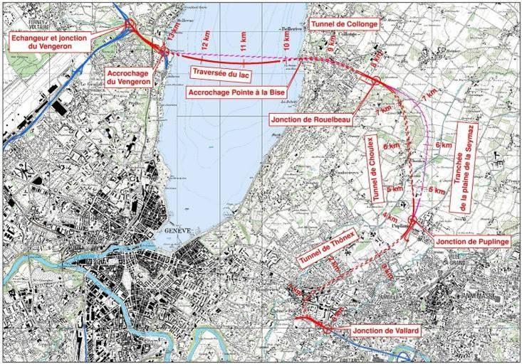 L'option retenue prévoit une liaison des deux rives entre le Vengeron et Pointe-à-La-Bise. Un raccordement souterrain au réseau autoroutier français passant par Choulex, Puplinge et Thônex est aussi prévu. [Etat de Genève]