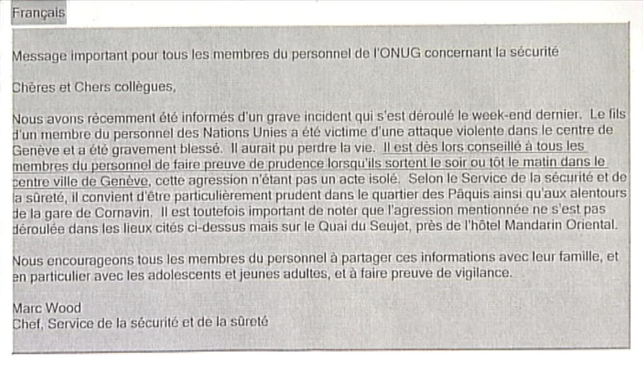 Un extrait de la missive de l'ONU à ses employés.