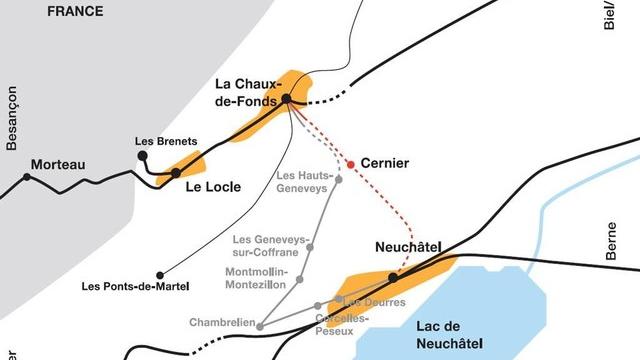 Le plan de développement de la future liaison TransRun entre Neuchâtel et La Chaux-de-Fonds. [DR]