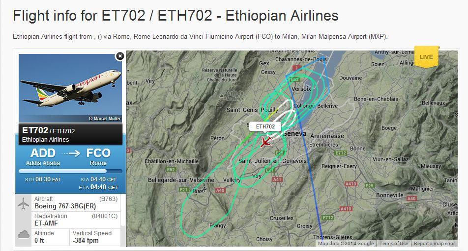 Le trajet du vol ET702 au-dessus de Genève avant son atterrissage forcé à Cointrin. [www.flightradar24.com]
