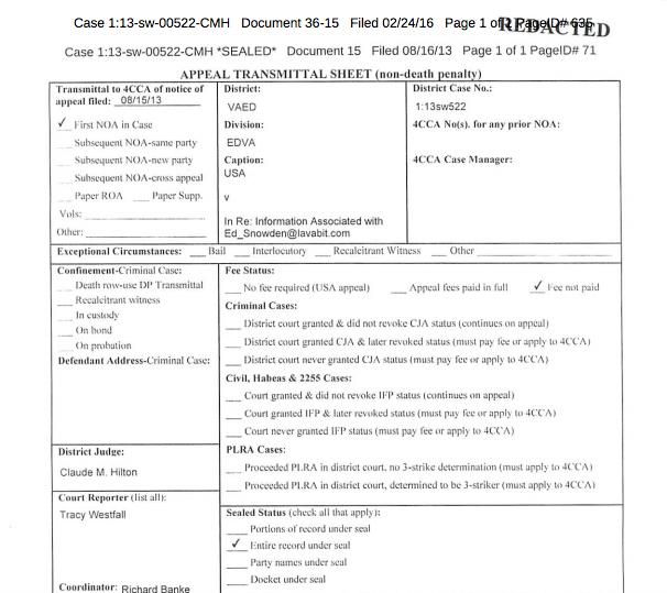 Le document judiciaire relatif à l'affaire Lavabit publié par erreur par le gouvernement américain. L'adresse e-mail d'Edward Snowden est clairement visible.