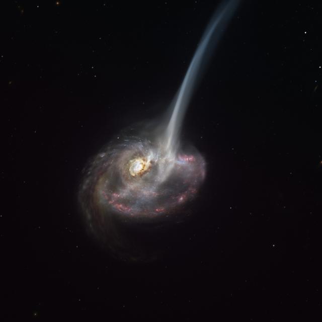 La galaxie "ID2299" est en train d'expulser plus de la moitié de son gaz, son fuel pour la formation des étoiles, à un rythme phénoménal. [ESO - représentation artistique M. Kornmesser]