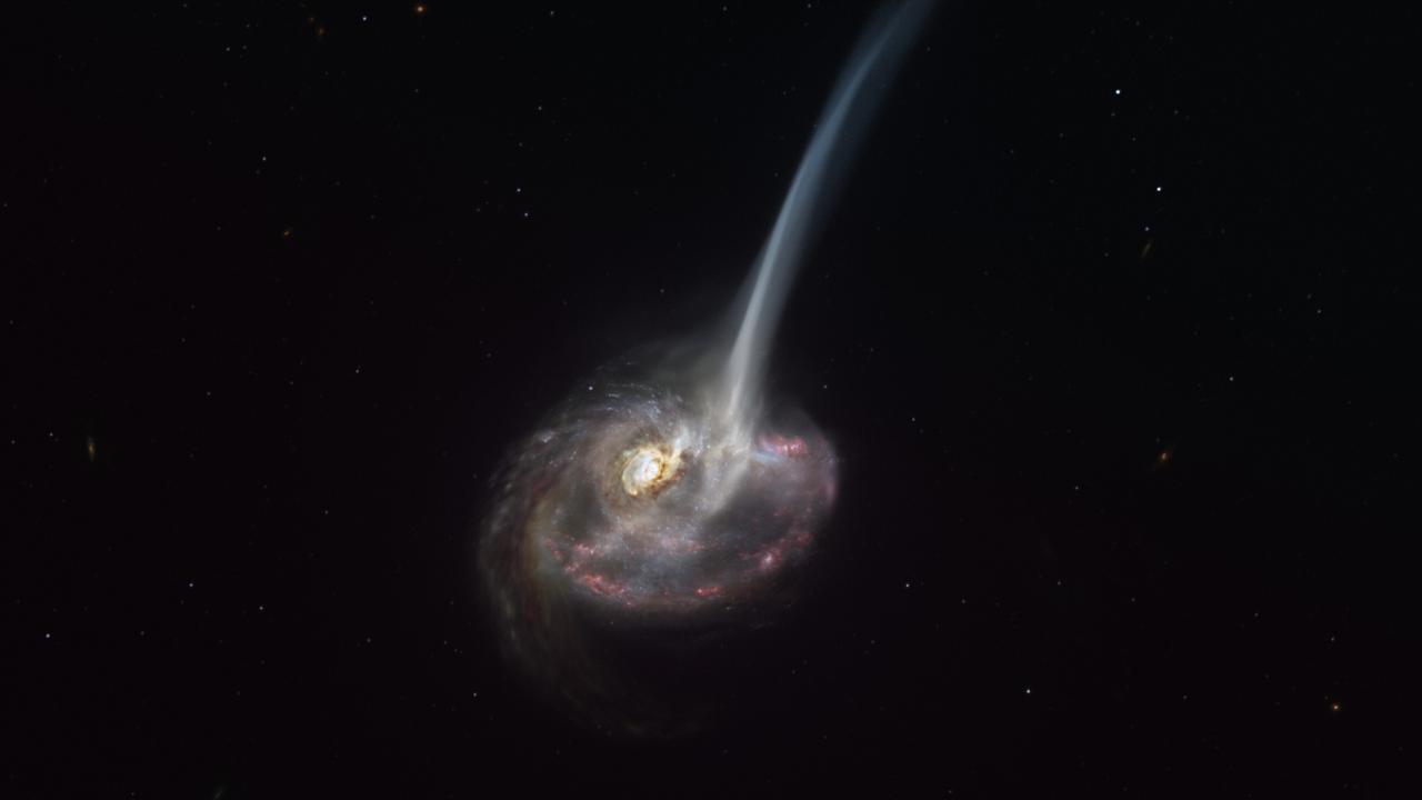 La galaxie "ID2299" est en train d'expulser plus de la moitié de son gaz, son fuel pour la formation des étoiles, à un rythme phénoménal. [ESO - représentation artistique M. Kornmesser]