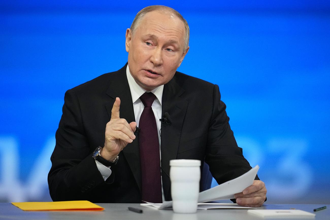 Vladimir Poutine, président russe, lors de sa conférence de presse annuelle, le 14 décembre 2023. [Alexander Zemlianichenko, Pool - Keystone]