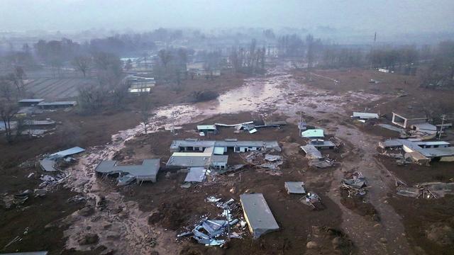 Une photo aérienne montre le village de Caotan touché par une coulée de boue à la suite d'un séisme, dans la province de Qinghai, en Chine, le 19 décembre 2023. [EPA - Zhang Hongxiang]