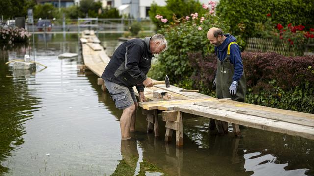 Un employé municipal et un citoyen bénévole construisent un passage en bois en prévision des crues sur la partie inférieure du lac de Constance. [KEYSTONE - MICHAEL BUHOLZER]