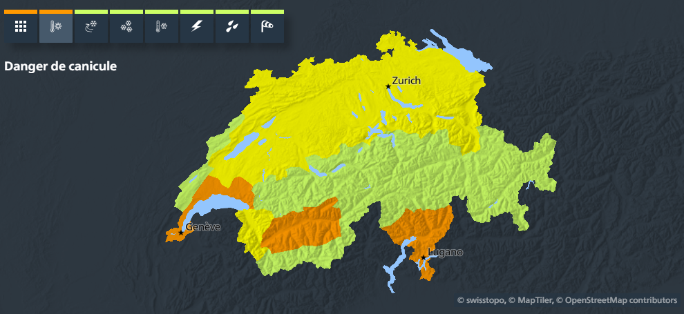 Danger de canicule: la carte de MétéoSuisse [MétéoSuisse (capture d'écran)]