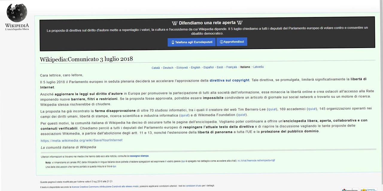 Wikipedia Italie bloque ses pages [Capture d'écran de wikipedia.fr]