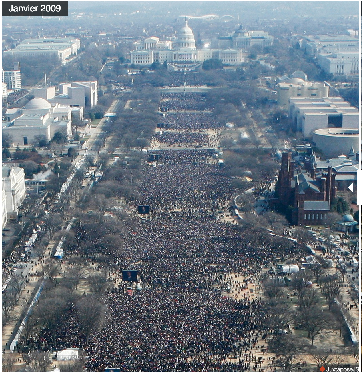 Capture d'écran de l'image utilisée par le journal américain New York Times pour comparer les deux images de l'investiture de Barack Obama en 2009 et de Donald Trump en 2017. [DR]