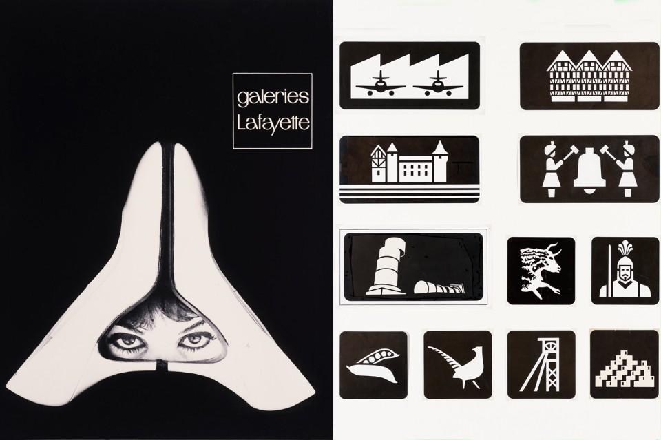 A gauche, image publicitaire réalisée par Jean Widmer, à droite des pictogrammes dans le cadre du projet "Animation touristique des autoroutes". [Museum für Gestaltung Zürich, Graphics Collection]