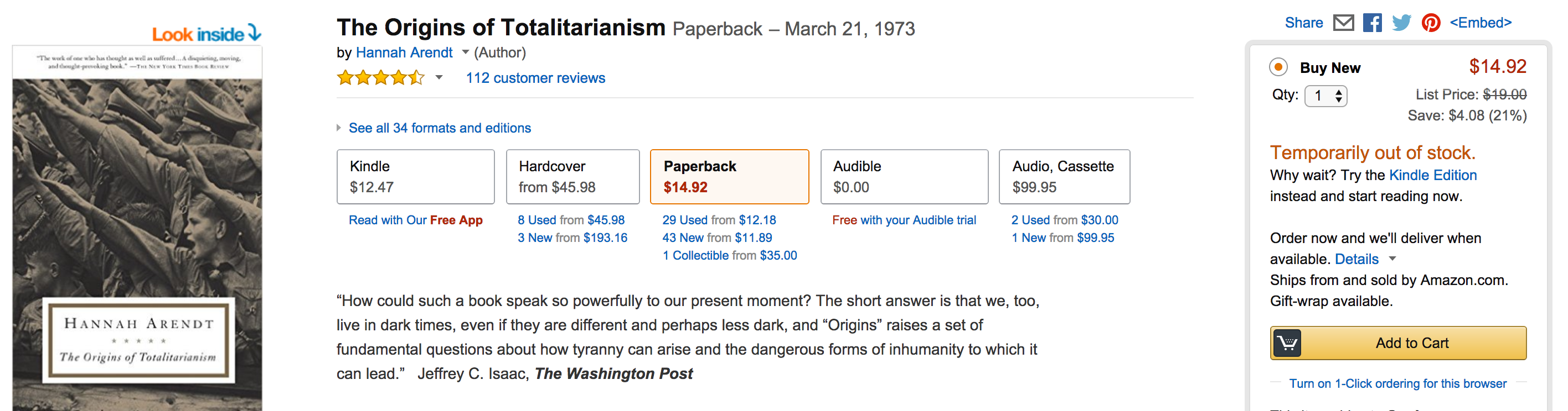 Capture d'écran de la rupture de stock du livre "Les origines du totalitarisme" d'Hannah Arendt