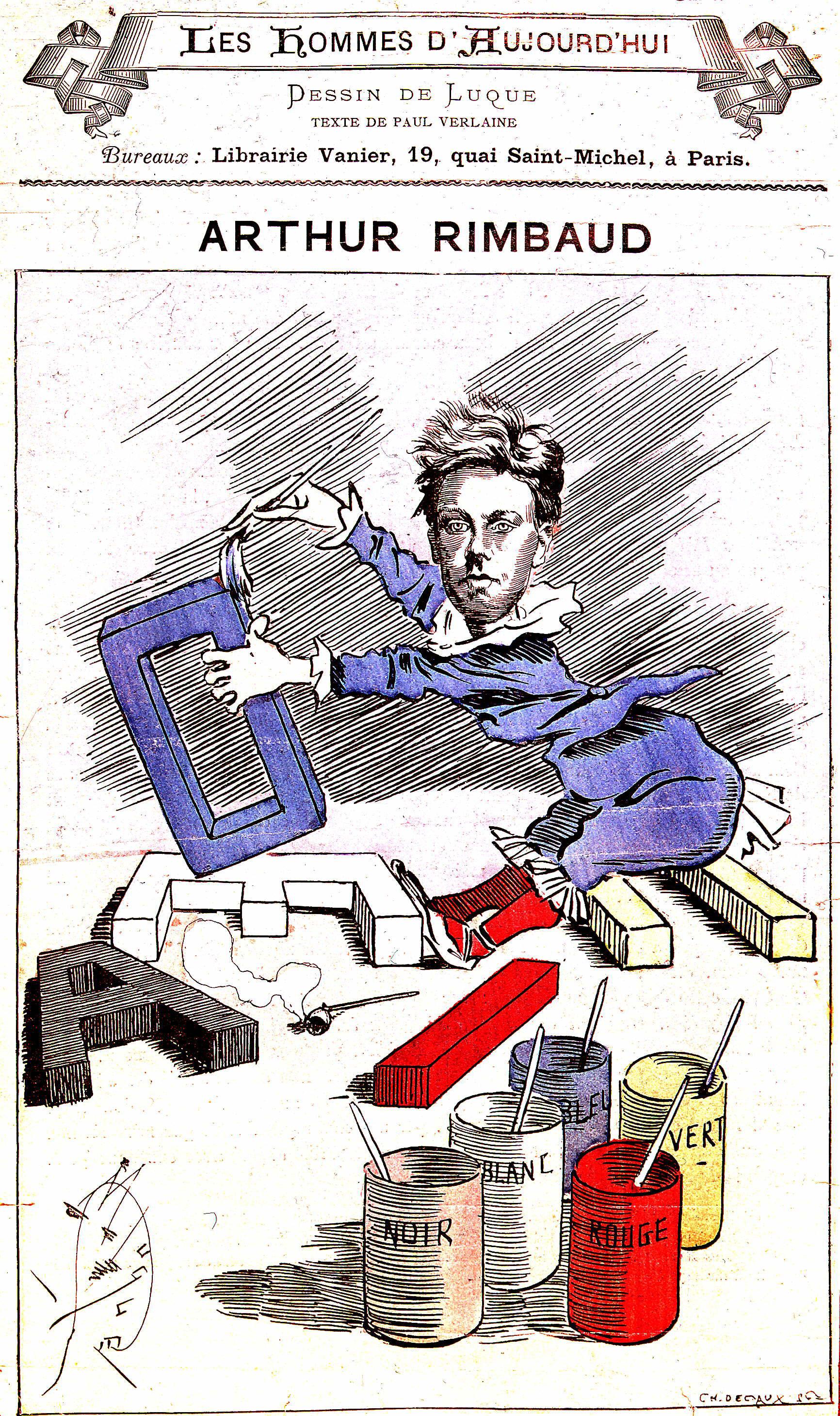 Caricature d'Arthur Rimbaud jonglant avec ses Voyelles en couleurs. [Collection Roger-Viollet]