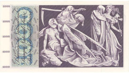 La danse macabre figure sur le verso du billet de 1000 francs de la cinquième série (1956), signé par le graphiste Pierre Gauchat. [Banque nationale suisse (BNS)]