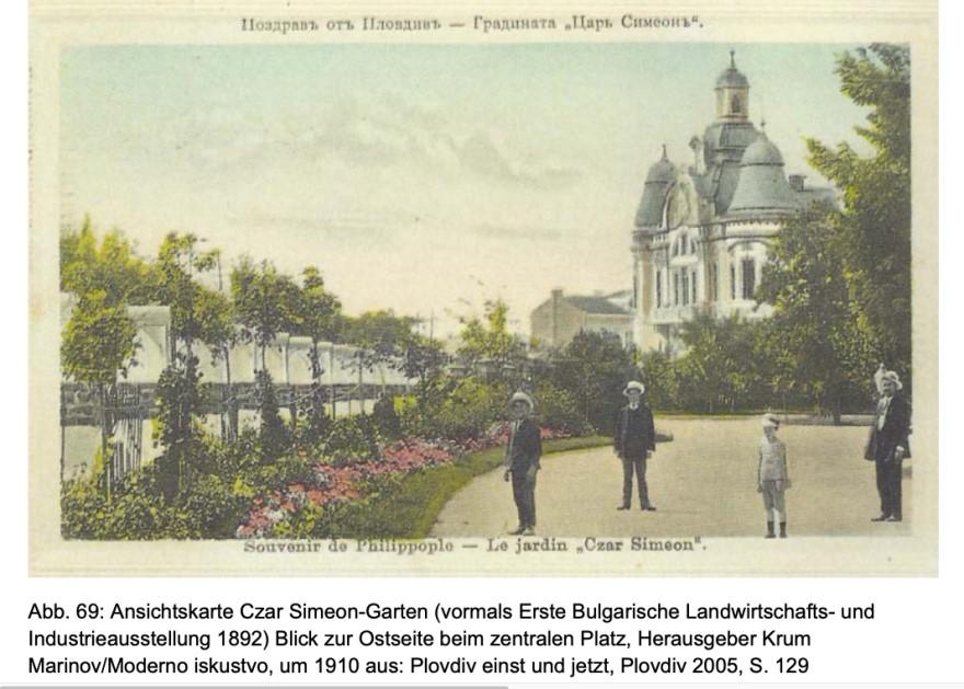 Carte postale du Jardin Czar Simeon, aménagé pour la première foire agricole et industrielle bulgare en 1892. (Marinov/Moderno iskustvo, vers 1910, in: "Plowdiw einst und jetzt", Plowdiw 2005) [SWI swissinfo.ch]