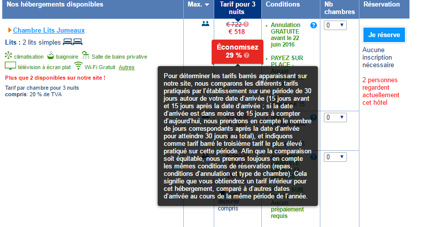 Les explications fournies sur Booking à propos du calcul des offres spéciales.