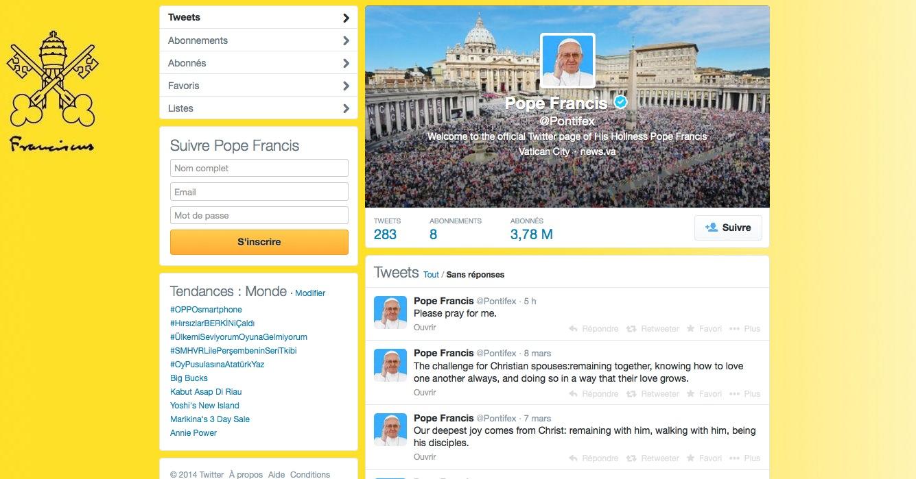 Le compte Twitter du Pape, décliné en 9 langues, est suivi par 12 millions de personnes.