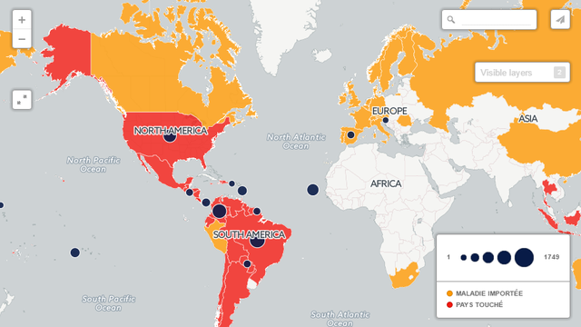 La carte des contaminations à Zika: en rouge, les pays où sévit le virus; en orange, les pays où des cas importés ont été signalés. Les points sombres figurent les cas de microcéphalies et autres malformations congénitales liées au virus. [RTSinfo]