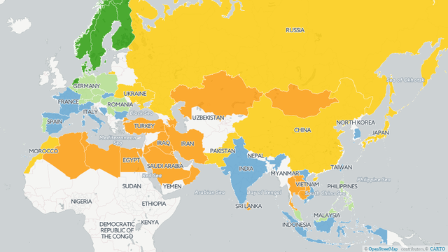 Le classement mondial du niveau en anglais. En vert, les pays avec le niveau le plus élevé. Source: Education First, English Proficiency Index.