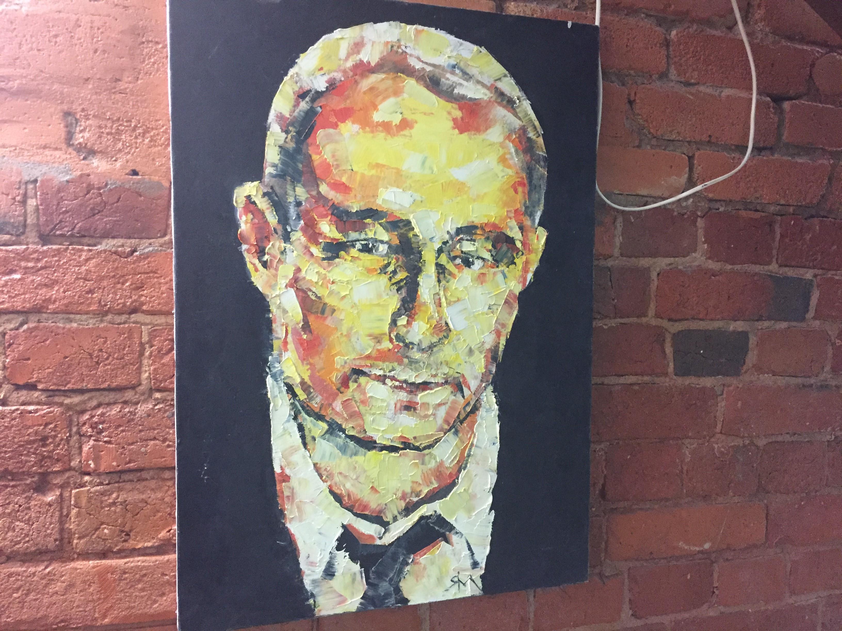 Portrait de Vladimir Poutine, une des créations affichées au mur du collectif Set. [RTSinfo - Stephen Mossaz]