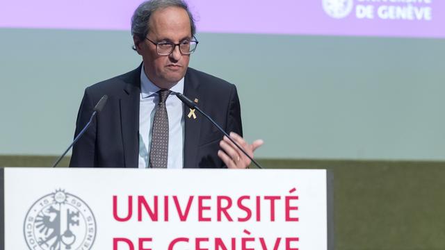 Le président catalan Quim Torra a donné mercredi une conférence à l'Université de Genève. [Keystone - Martial Trezzini]