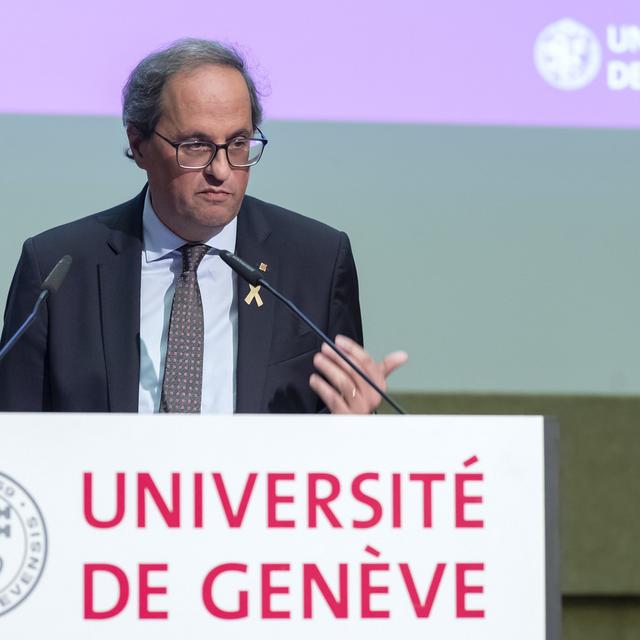 Le président catalan Quim Torra a donné mercredi une conférence à l'Université de Genève. [Keystone - Martial Trezzini]