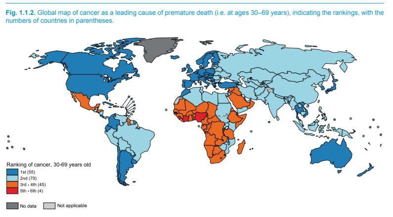 En bleu foncé, les pays où le cancer est la principale cause de décès prématuré (par exemple entre 30 et 69 ans). [Organisation mondiale de la santé]