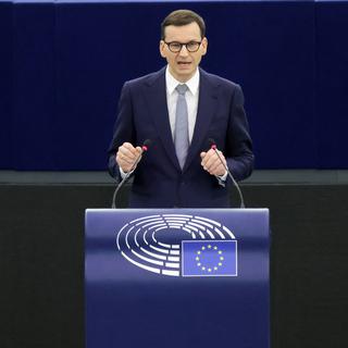Le Premier ministre polonais Mateusz Morawiecki s'est exprimé devant le Parlement européen. [Pool Photo via AP - Ronald Wittek]