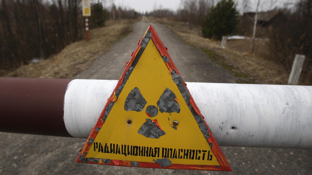 Un panneau "Danger radiation" près de la centrale de Tchernobyl. [AP Photo - Sergei Grits]